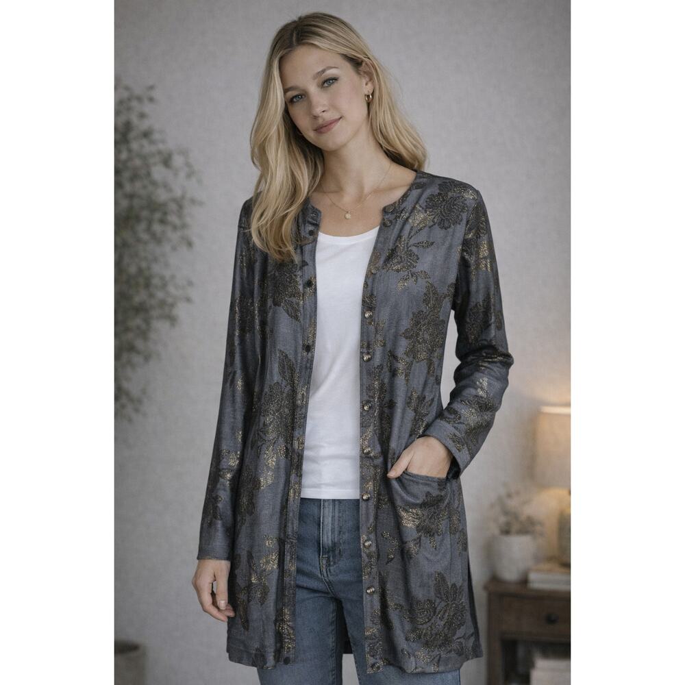 GRAVER Susan Graver Foiled Knit Jacquard Button Front Duster Blue Gold Womens XL